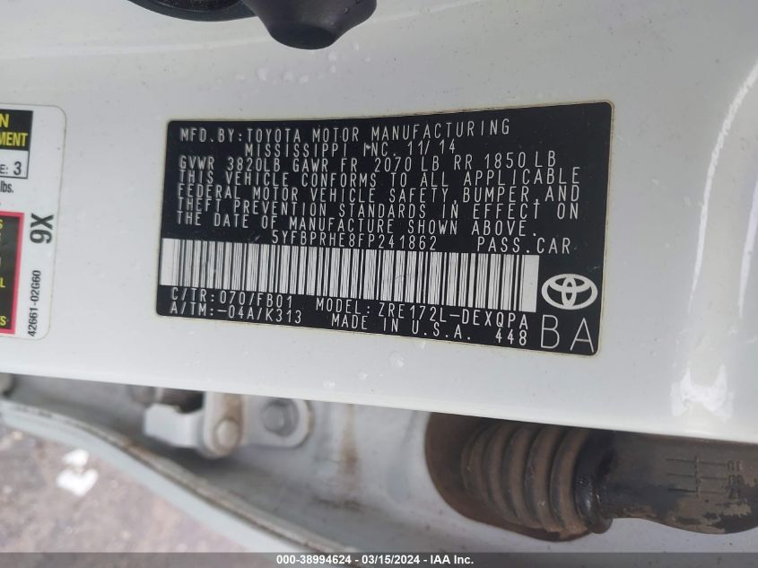 5YFBPRHE8FP241862 | 2015 TOYOTA COROLLA