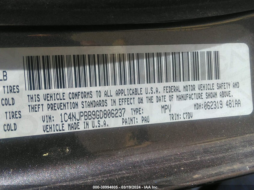 2016 JEEP PATRIOT SPORT - 1C4NJPBB9GD806237