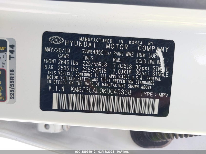 VIN KM8J3CAL0KU045338 2019 HYUNDAI TUCSON SPORT