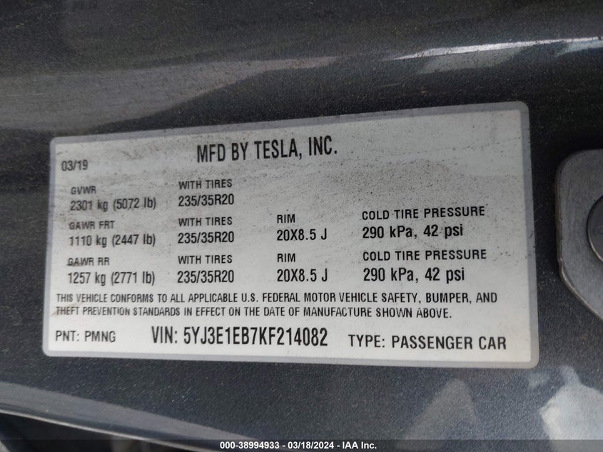 VIN 5YJ3E1EB7KF214082 2019 TESLA MODEL 3 LONG RANGE/PERFORMANCE