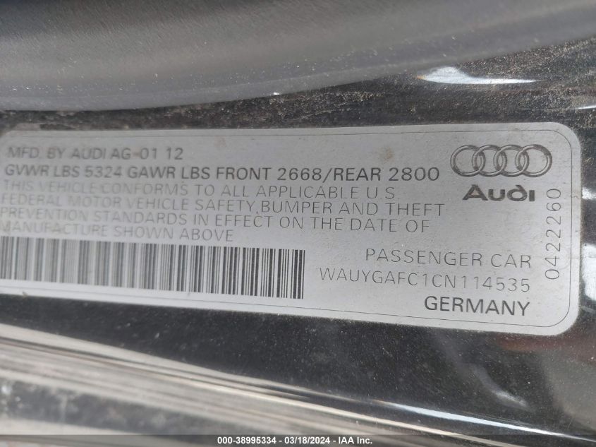 WAUYGAFC1CN114535 2012 Audi A7 Premium