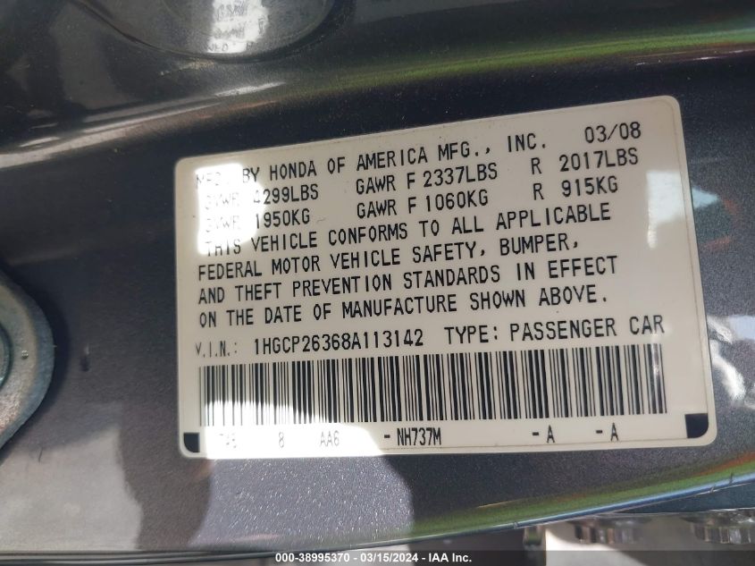 1HGCP26368A113142 | 2008 HONDA ACCORD