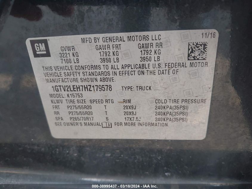 1GTV2LEH7HZ179578 | 2017 GMC SIERRA 1500