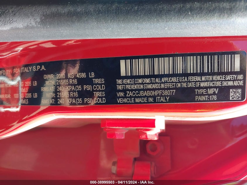 VIN ZACCJBAB0HPF38077 2017 JEEP RENEGADE SPORT 4X4