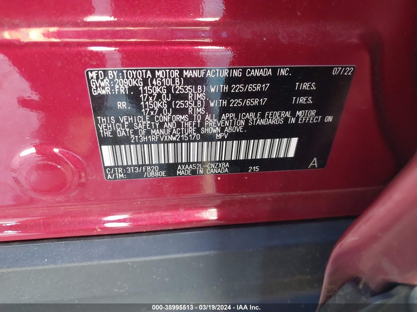 2022 TOYOTA RAV4 LE - 2T3H1RFVXNW215170