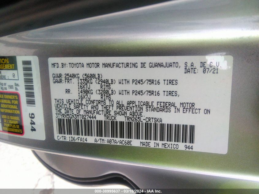 2021 TOYOTA TACOMA SR - 3TYRX5GN3MT027444