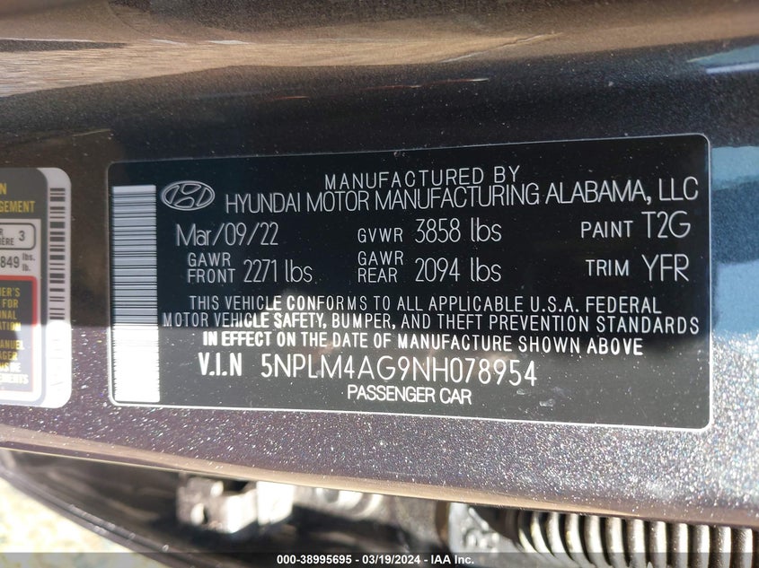 VIN 5NPLM4AG9NH078954 2022 HYUNDAI ELANTRA SEL