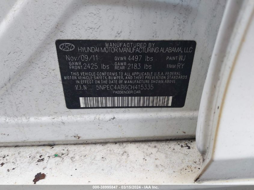 5NPEC4AB6CH415335 | 2012 HYUNDAI SONATA