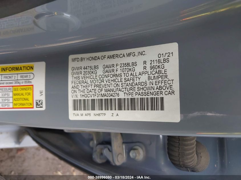 1HGCV1F31MA034276 | 2021 HONDA ACCORD