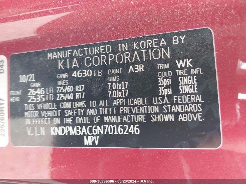 VIN KNDPM3AC6N7016246 2022 KIA SPORTAGE no.9