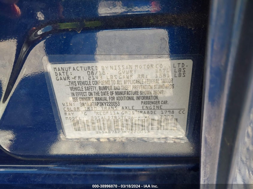 2019 NISSAN SENTRA SV - 3N1AB7AP3KY220053