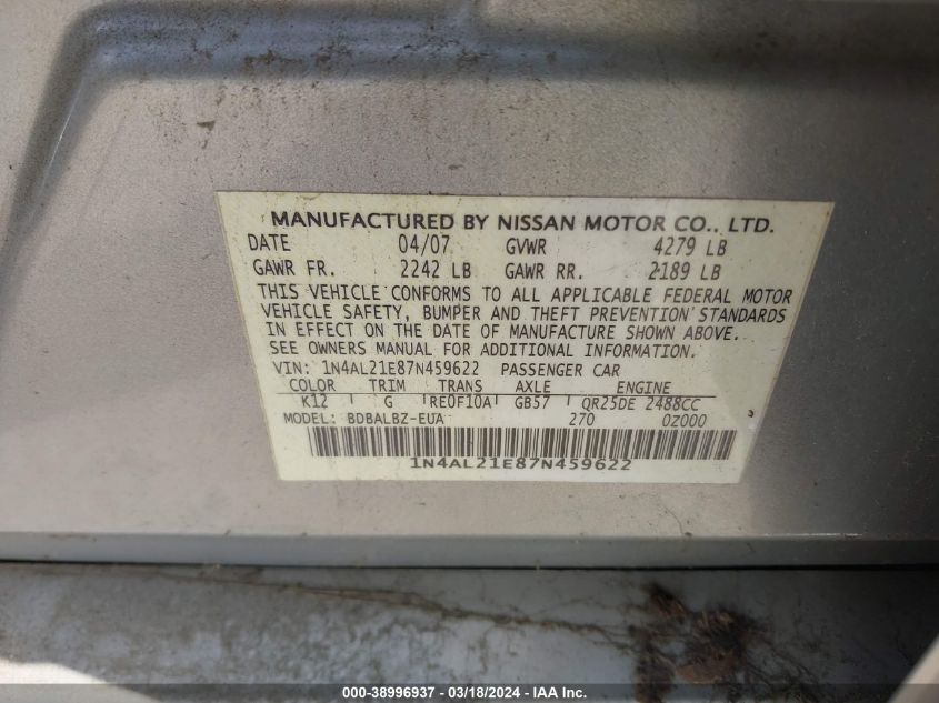 1N4AL21E87N459622 | 2007 NISSAN ALTIMA