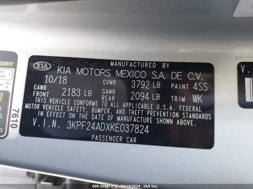 2019 KIA FORTE FE/LX/LXS - 3KPF24ADXKE037824