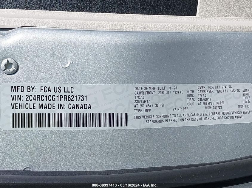 2023 CHRYSLER VOYAGER 3.6L V6   N(VIN: 2C4RC1CG1PR621731