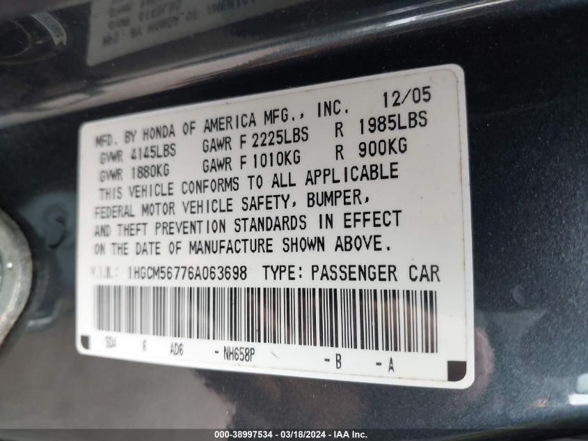 1HGCM56776A063698 | 2006 HONDA ACCORD