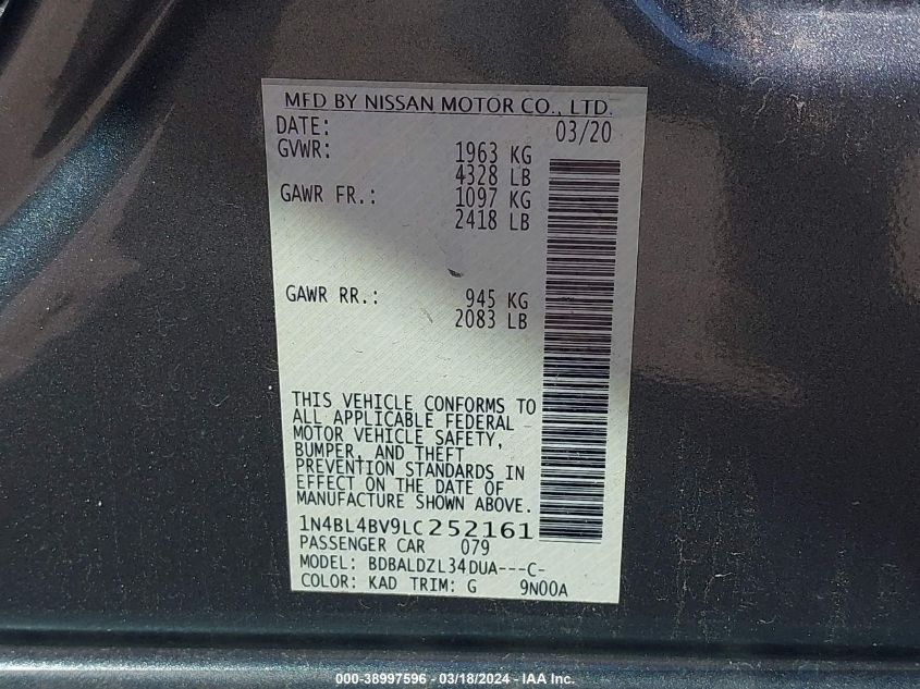 VIN 1N4BL4BV9LC252161 2020 NISSAN ALTIMA S