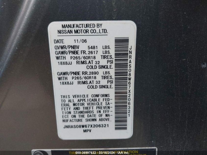 2007 Infiniti Fx35 VIN: JNRAS08W67X206321 Lot: 39744633