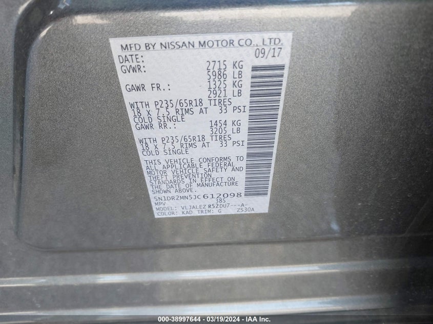 VIN 5N1DR2MN5JC612098 2018 NISSAN PATHFINDER SV