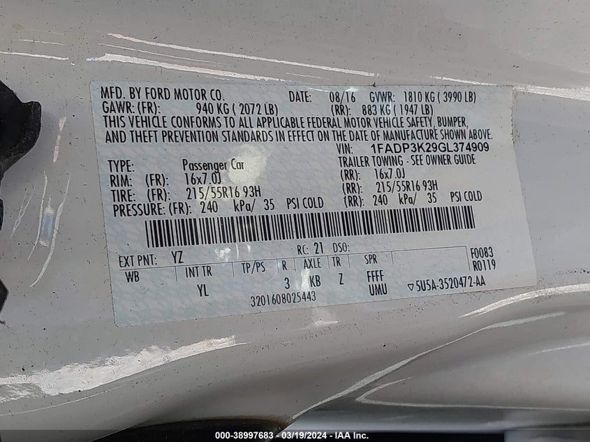 2016 FORD FOCUS SE - 1FADP3K29GL374909