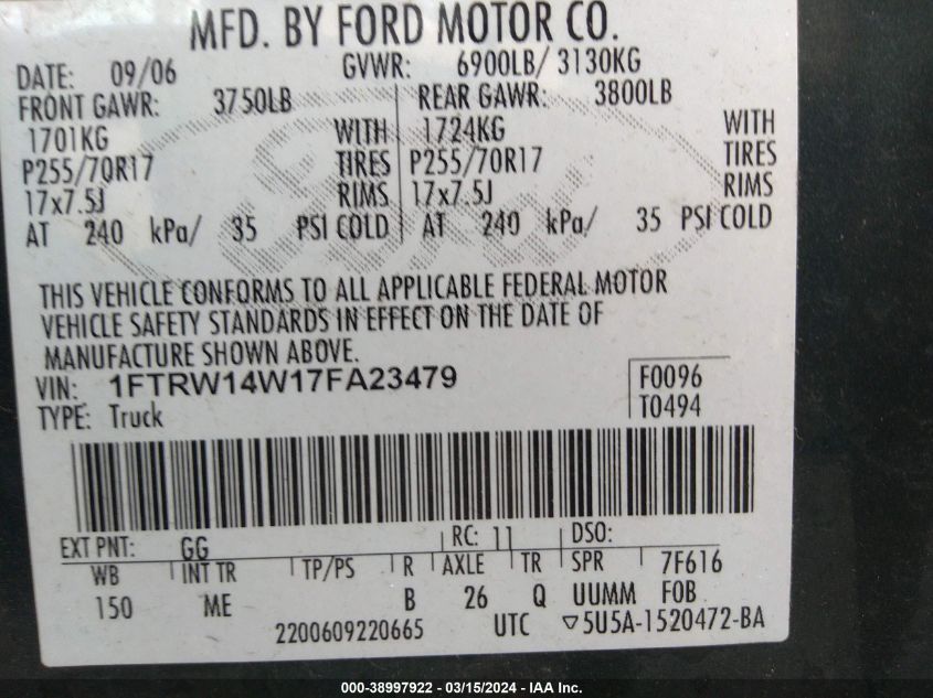 1FTRW14W17FA23479 | 2007 FORD F-150