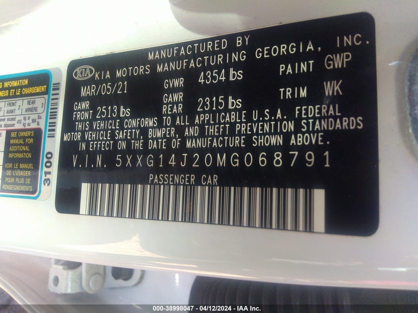 2021 KIA K5 LXS - 5XXG14J20MG068791