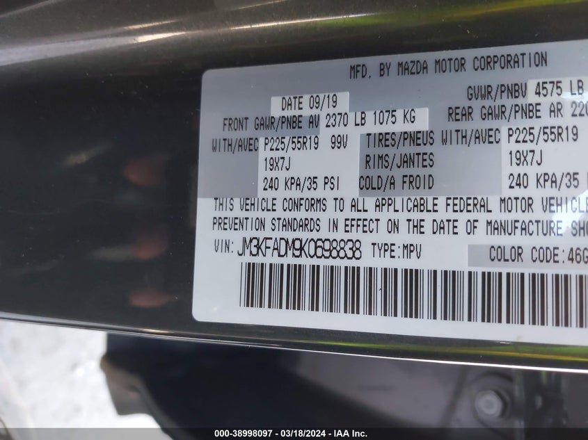 VIN JM3KFADM9K0698838 2019 MAZDA CX-5 GRAND TOURING