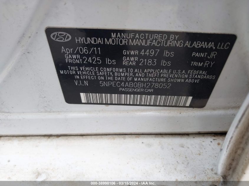 5NPEC4AB0BH278052 | 2011 HYUNDAI SONATA