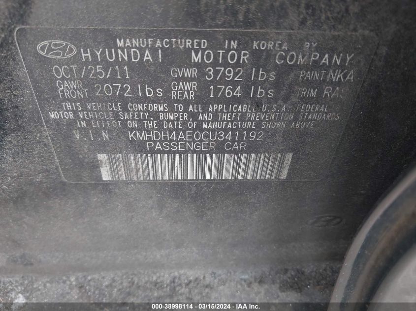 KMHDH4AE0CU341192 | 2012 HYUNDAI ELANTRA