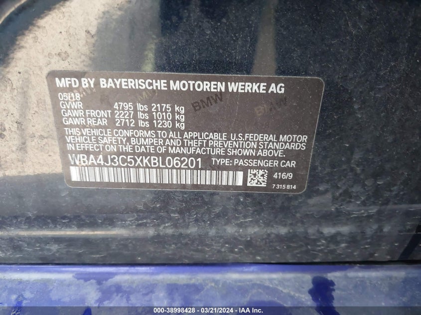 2019 BMW 430I GRAN COUPE VIN: WBA4J3C5XKBL06201