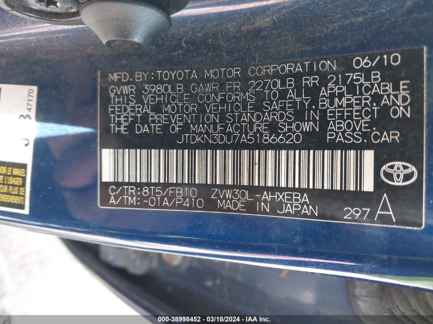 JTDKN3DU7A5186620 | 2010 TOYOTA PRIUS