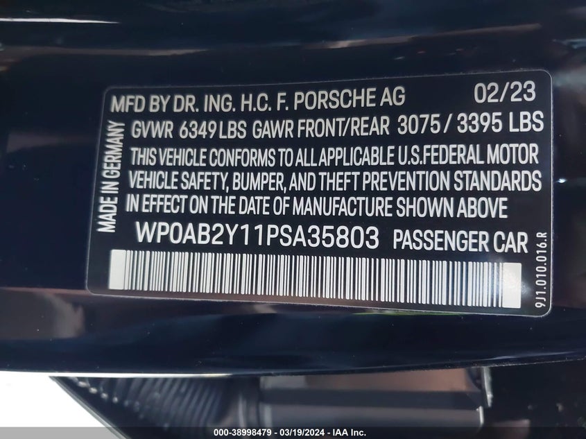 VIN WP0AB2Y11PSA35803 2023 PORSCHE TAYCAN 4S