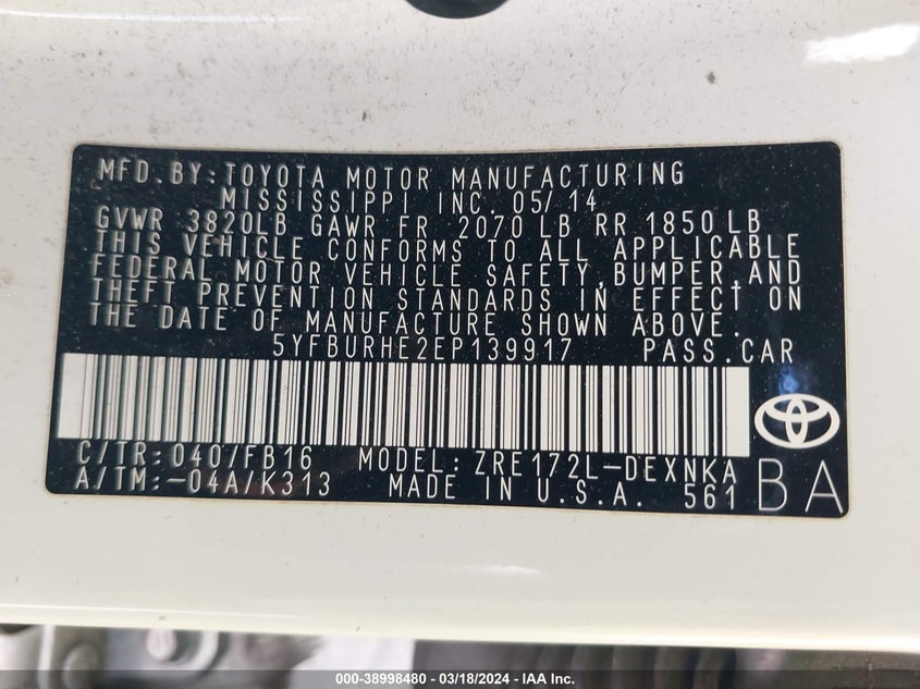 2014 TOYOTA COROLLA LE PLUS - 5YFBURHE2EP139917