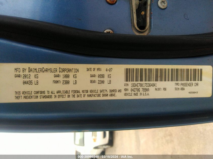 2007 Dodge Caliber R/T VIN: 1B3HE78K17D364841 Lot: 38998548
