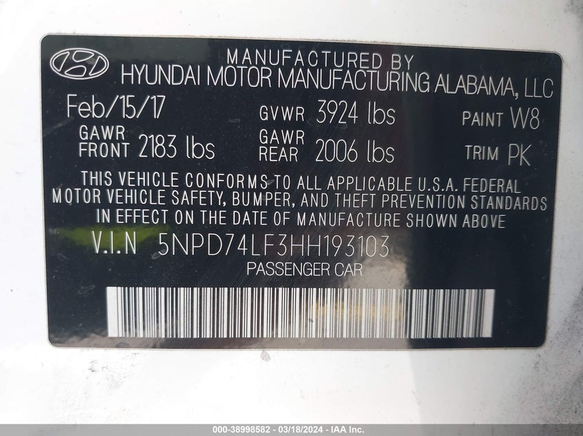 VIN 5NPD74LF3HH193103 2017 HYUNDAI ELANTRA SE