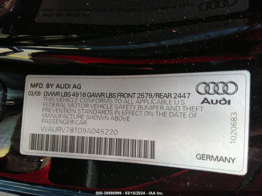 WAURV78T09A045220 2009 Audi S5 Quattro