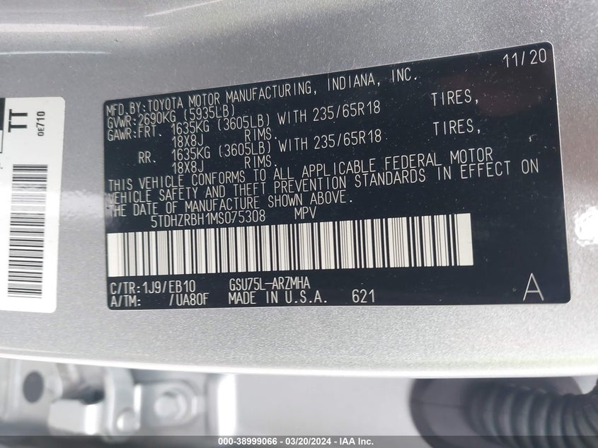 VIN 5TDHZRBH1MS075308 2021 TOYOTA HIGHLANDER XLE