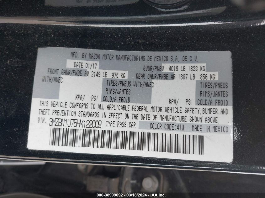 3MZBN1U75HM122009 | 2017 MAZDA MAZDA3