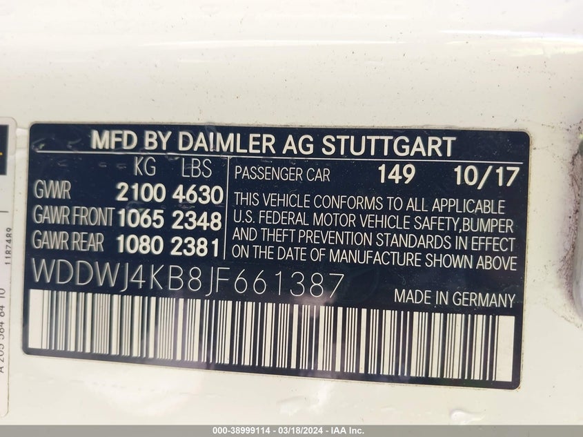 VIN WDDWJ4KB8JF661387 2018 MERCEDES-BENZ C 300 4MATIC