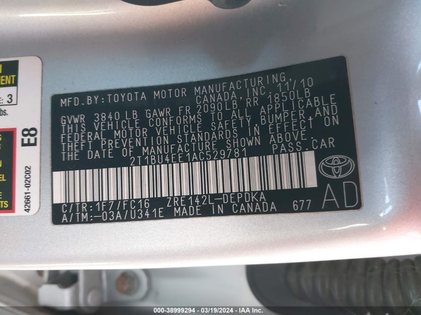 2T1BU4EE1AC529781 2010 Toyota Corolla Le