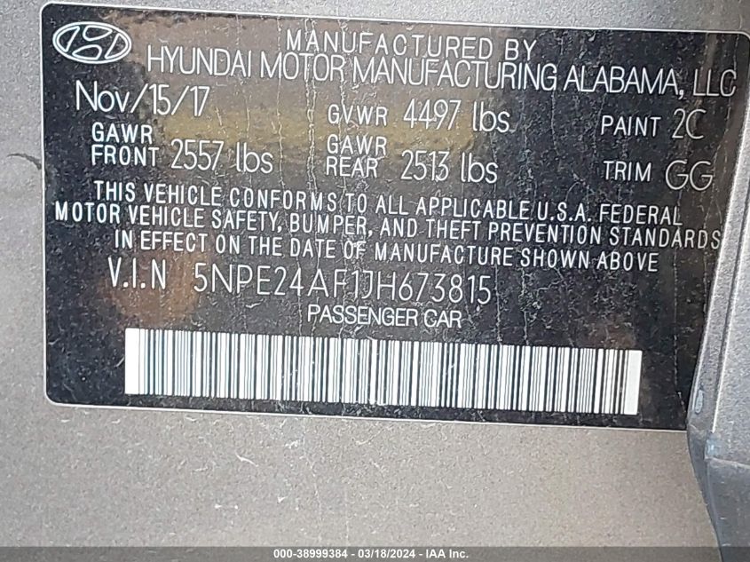 5NPE24AF1JH673815 | 2018 HYUNDAI SONATA