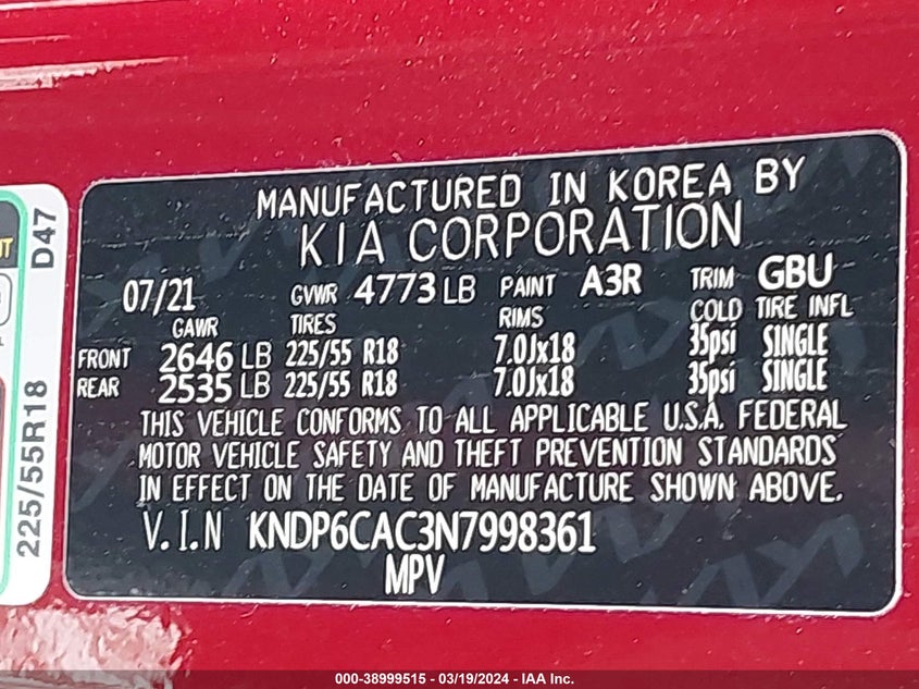VIN KNDP6CAC3N7998361 2022 KIA SPORTAGE S