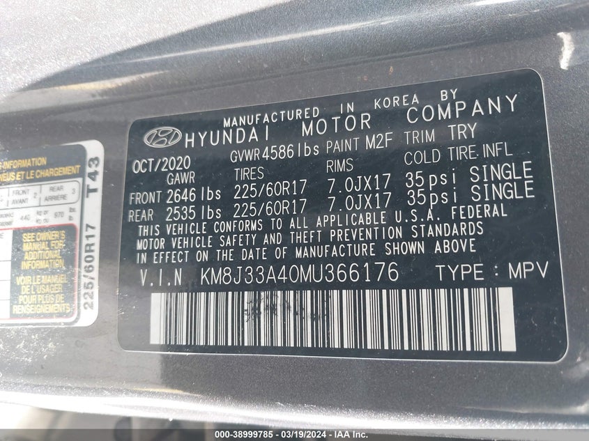 VIN: KM8J33A40MU366176 2021 HYUNDAI TUCSON VALUE