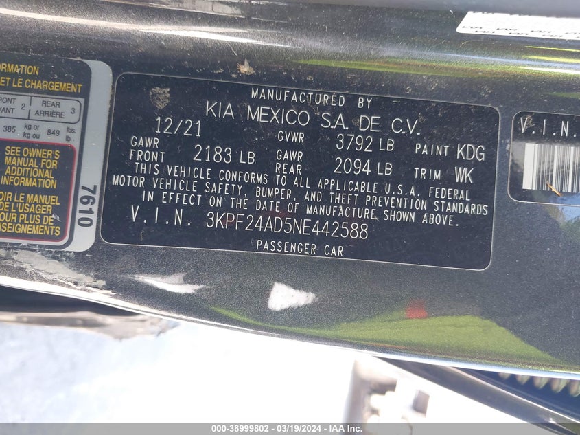 2022 KIA FORTE FE/LXS - 3KPF24AD5NE442588