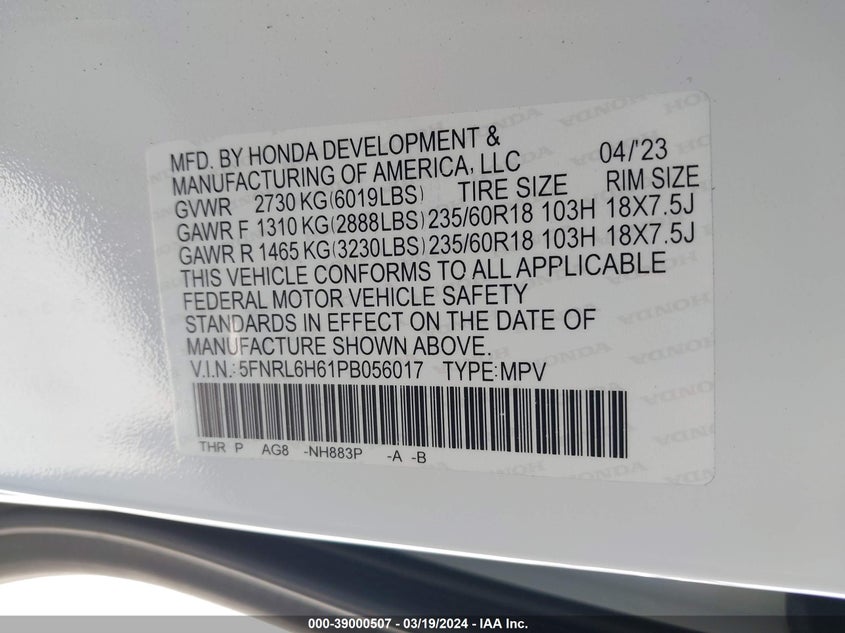 VIN 5FNRL6H61PB056017 2023 HONDA ODYSSEY EXL