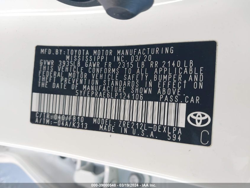 5YFEPRAE6LP124106 | 2020 TOYOTA COROLLA