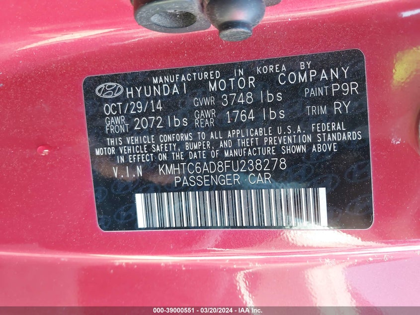 2015 HYUNDAI VELOSTER - KMHTC6AD8FU238278
