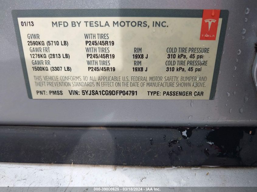 5YJSA1CG9DFP04791 | 2013 TESLA MODEL S