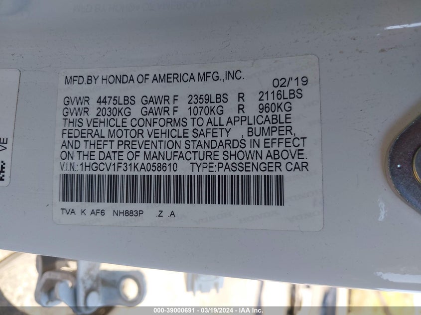 VIN 1HGCV1F31KA058610 2019 HONDA ACCORD SPORT