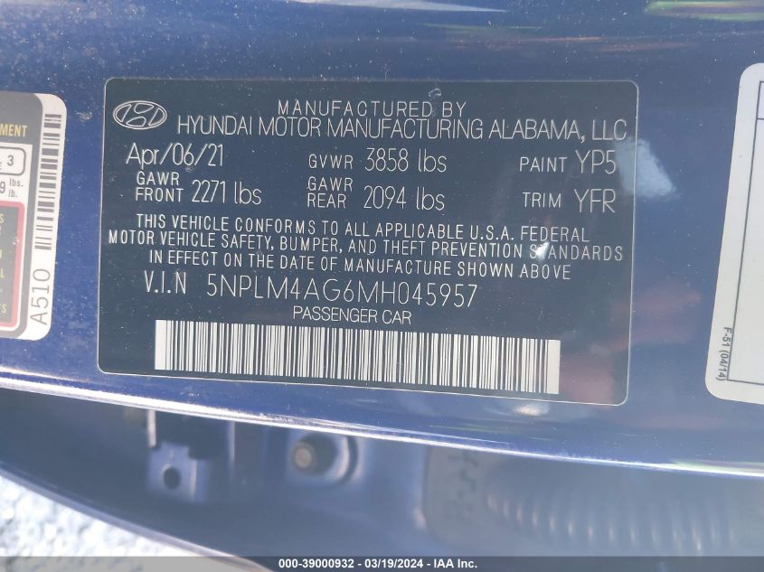 2021 Hyundai Elantra Sel VIN: 5NPLM4AG6MH045957 Lot: 39000932