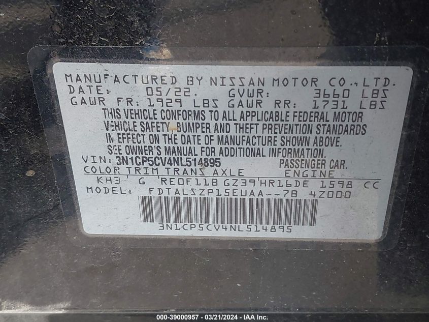 3N1CP5CV4NL514895 2022 Nissan Kicks Sv Xtronic Cvt